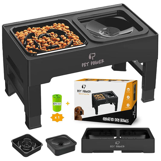 Dog Bowls Elevated, 4 Adjustable Height Raised Dogs Bowl with No-Spill Water Dish & Slow Feeder, Non-Slip Food & Water Bowl for Small Medium Large Dogs - Elevated Dog Bowls Large Breed