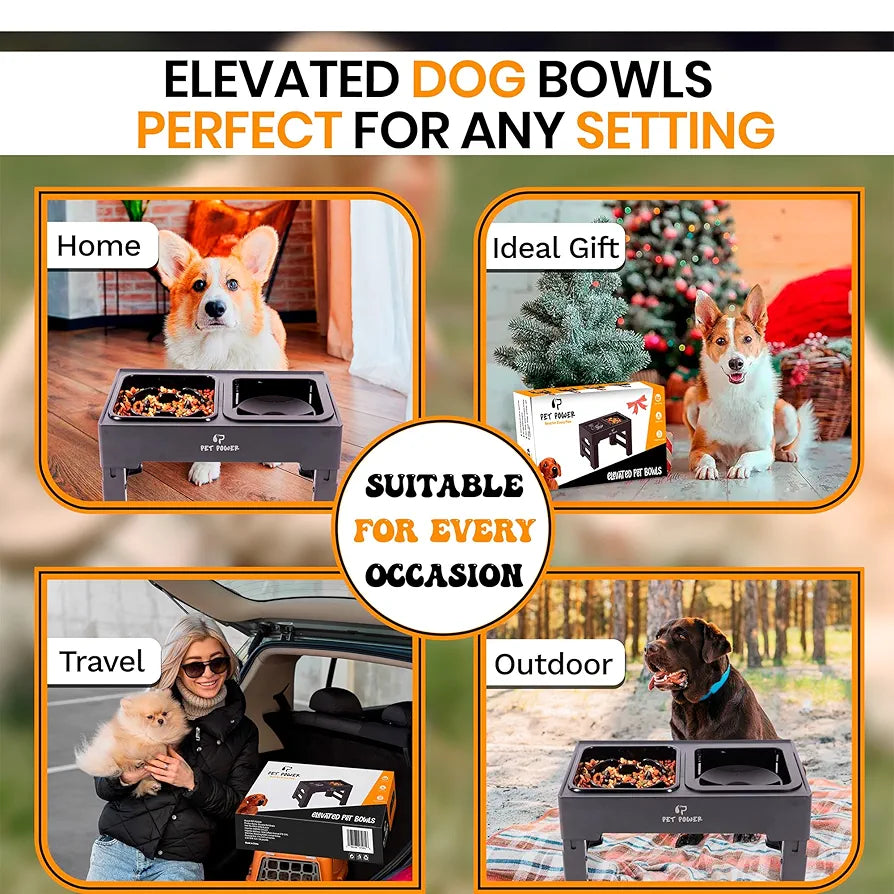 Dog Bowls Elevated, 4 Adjustable Height Raised Dogs Bowl with No-Spill Water Dish & Slow Feeder, Non-Slip Food & Water Bowl for Small Medium Large Dogs - Elevated Dog Bowls Large Breed