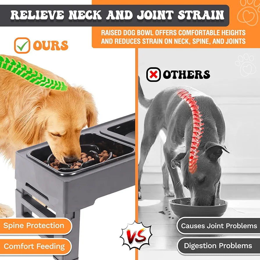 Dog Bowls Elevated, 4 Adjustable Height Raised Dogs Bowl with No-Spill Water Dish & Slow Feeder, Non-Slip Food & Water Bowl for Small Medium Large Dogs - Elevated Dog Bowls Large Breed